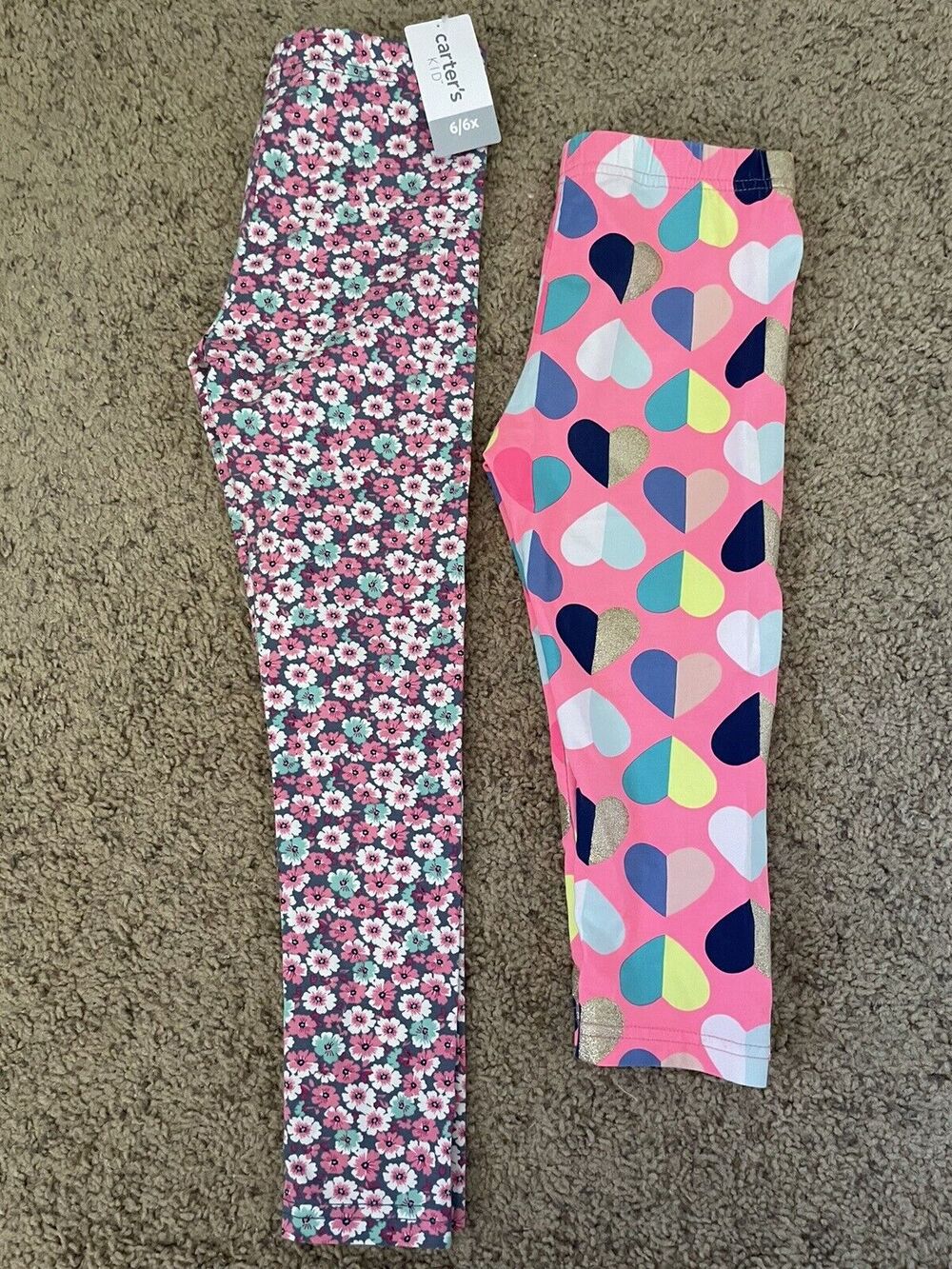 Lot Of 2 Carter’s Floral Sparkle Glitter Hearts Girls' Capri Leggings Size 6/6X